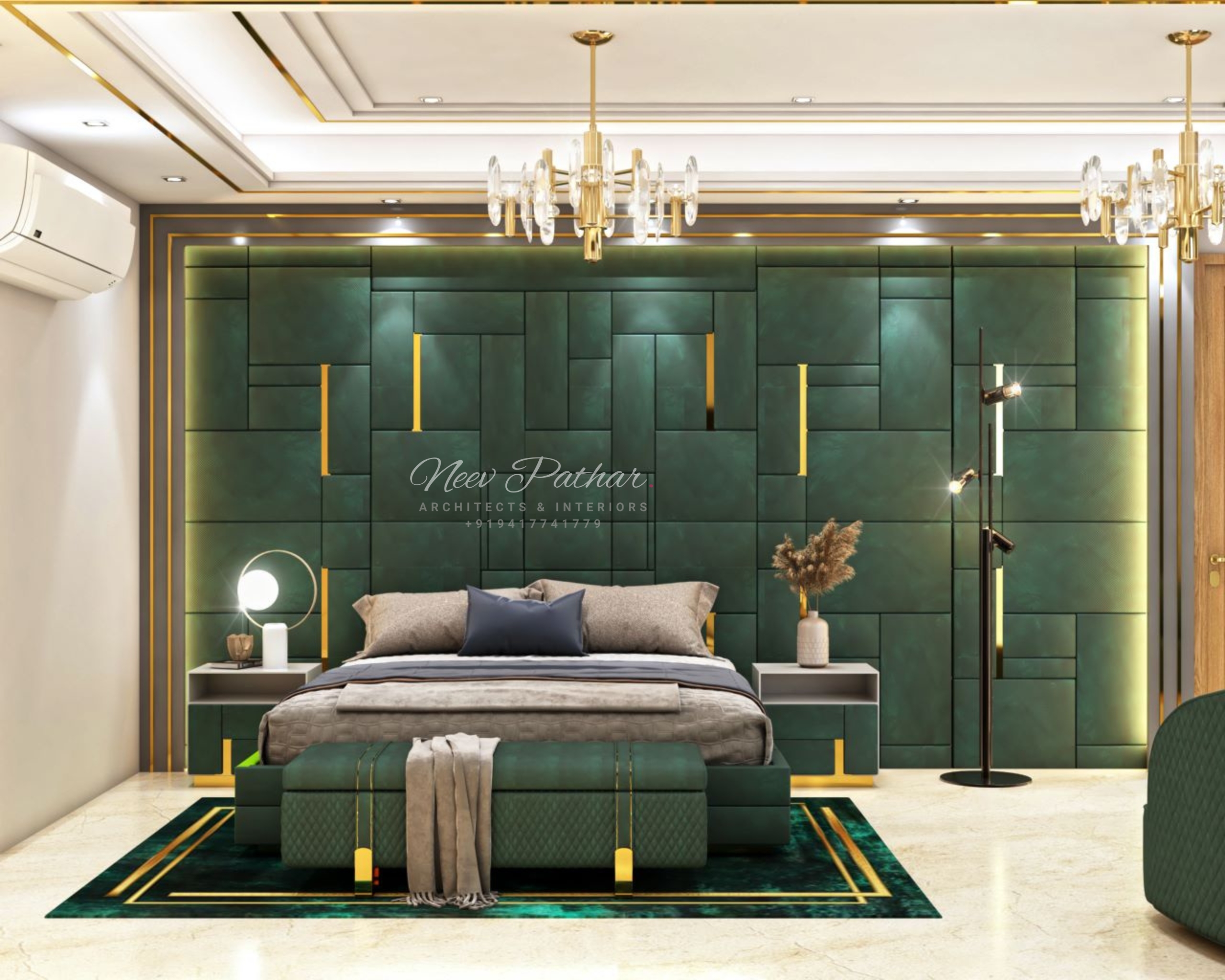 A stunning luxury bedroom designed by architects and interior designers in Ludhiana. The elegant bedroom design features a harmonious blend of comfort and style, creating a serene and inviting atmosphere.
