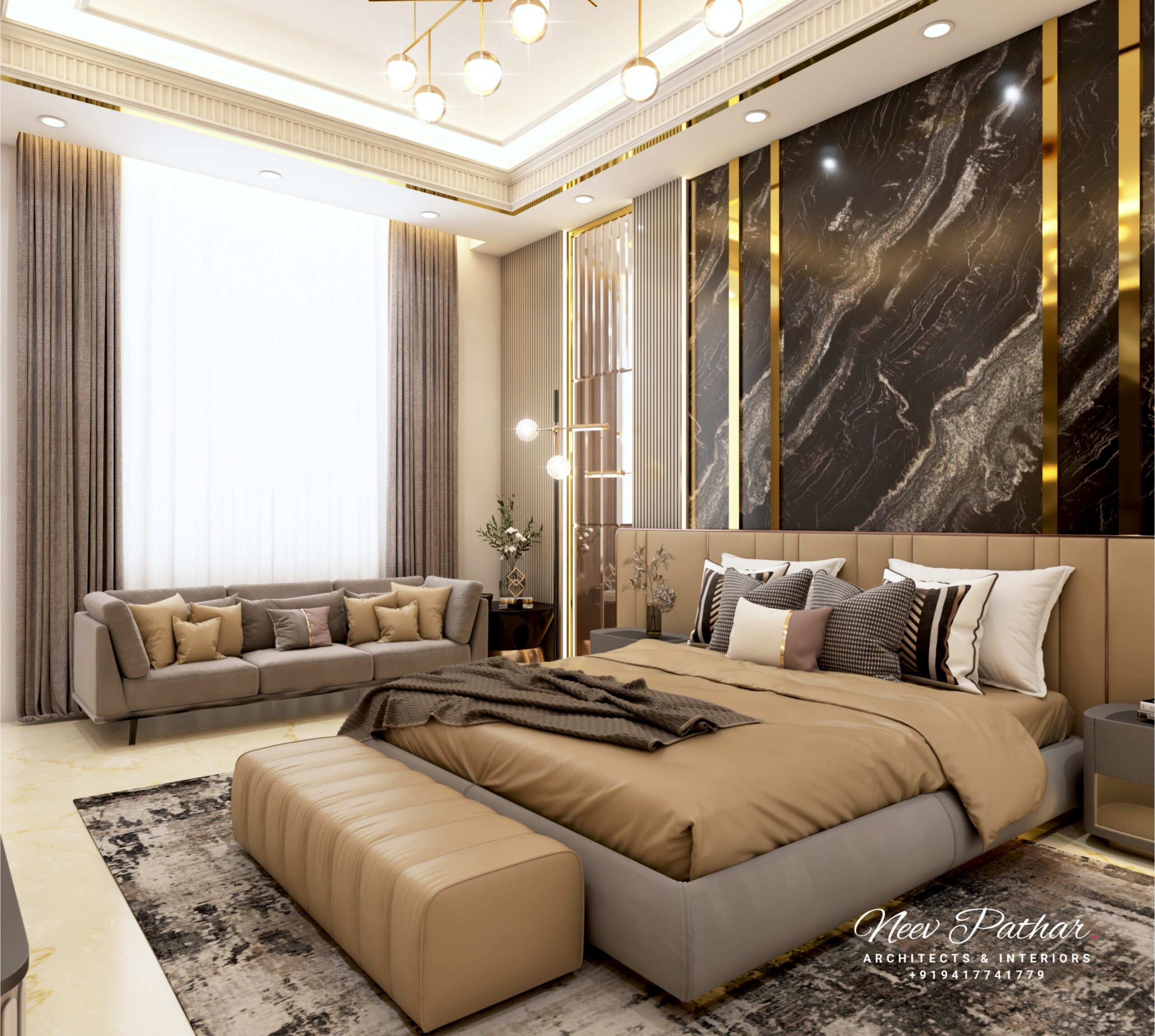 Luxurious Bedroom Design with Camel Brown & Gold Color Scheme, Dark Marble Back Wall, and Dazzling Chandelier in Ludhiana by Neev Pathar Architects & Interior Designers.