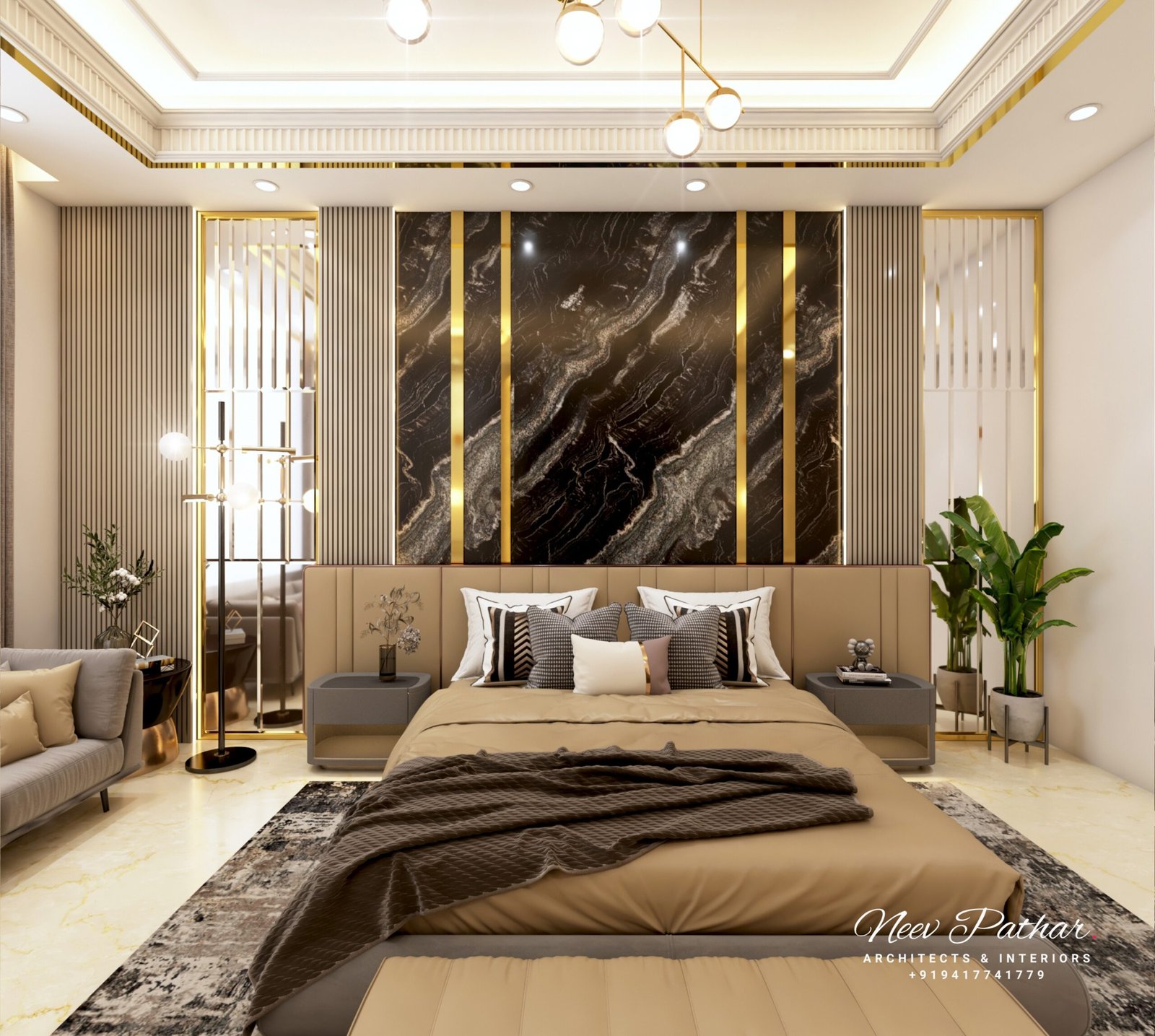 Luxurious Bedroom Design with Camel Brown & Gold Color Scheme, Dark Marble Back Wall, and Dazzling Chandelier in Ludhiana by Neev Pathar Architects & Interior Designers.