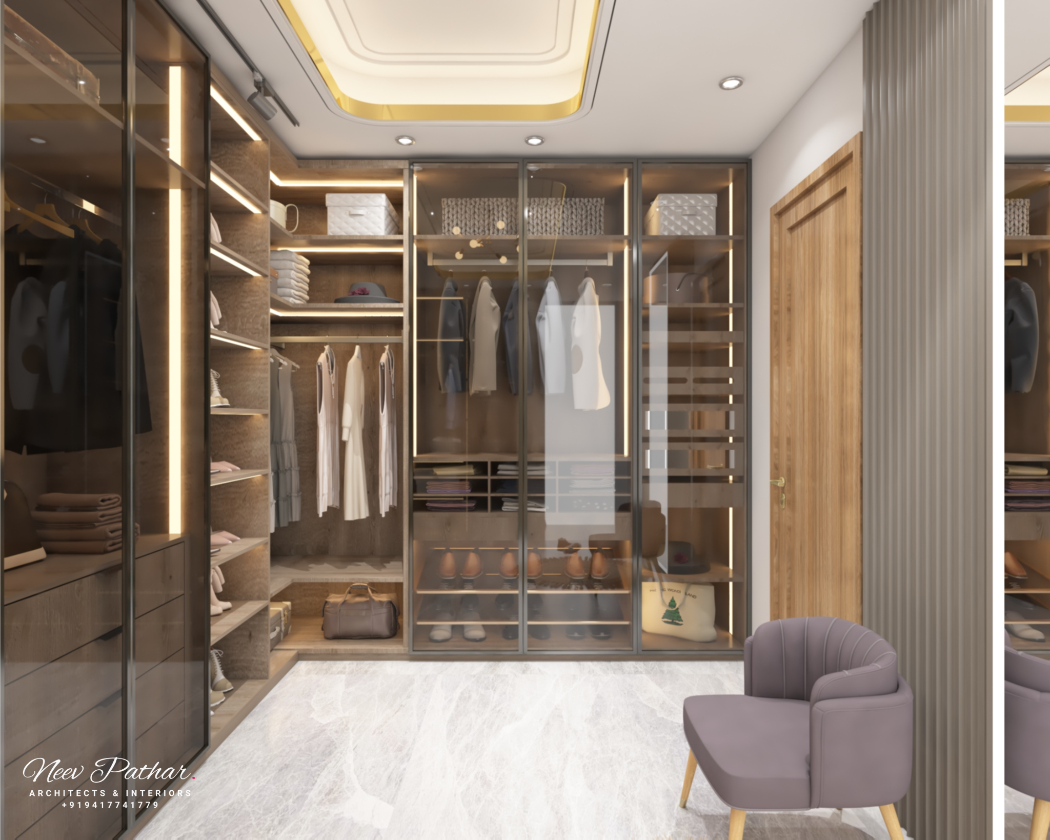 Image of Luxurious Walk-in Wardrobe Design with Dresser, Glass Closets, Full-Length Mirror, and Gold Ceiling in Ludhiana by Neev Pathar Architects & Interior Designers.