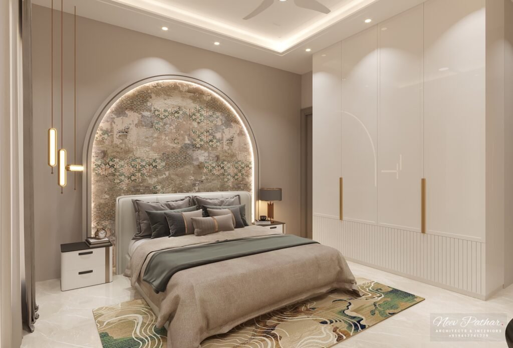 Minimalist residential interior, demonstrating high-quality finishing and lighting solutions, conceptualized by a leading architect in Ludhiana for a custom home.